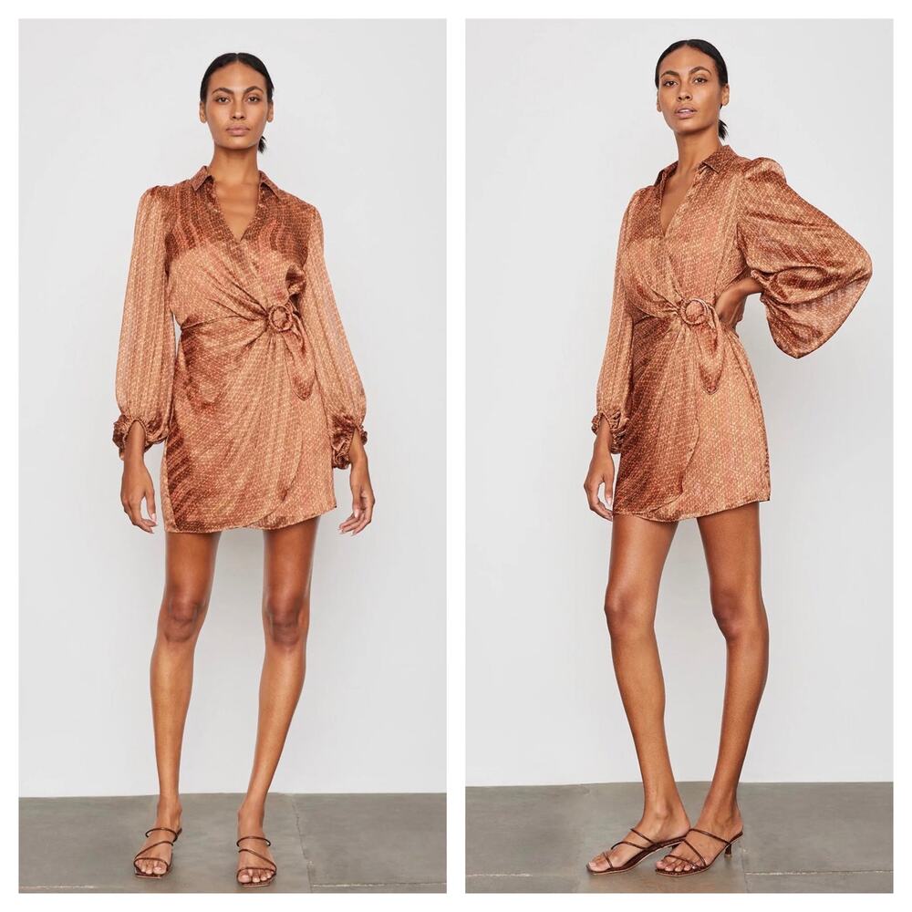Bailey 44 Malaysia Mini Wrap Dress Size Large Coral Brown Print 70s Billowy